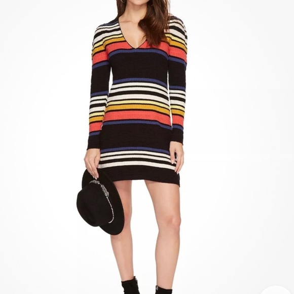 NWT Free People Gidget Knit Striped V-Neck Sweater Dress, Black Multi, Sz Small - Picture 1 of 5